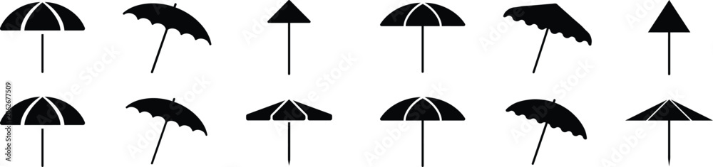 Obraz premium Assortment of black sun umbrella icons representing beach weather shading protection and summer holiday time.