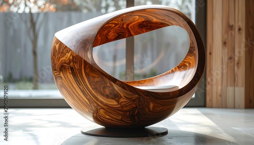 Wooden, orb-shaped chair sitting indoors near a window, showcasing swirling wood grain patterns