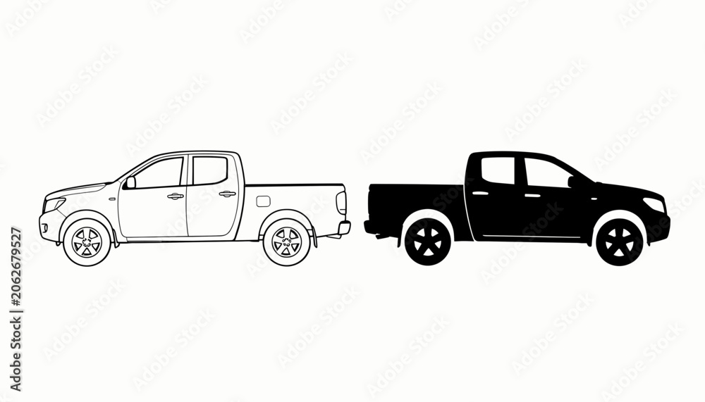 Fototapeta premium Two Pickup Trucks Side by Side Line Art Illustration
