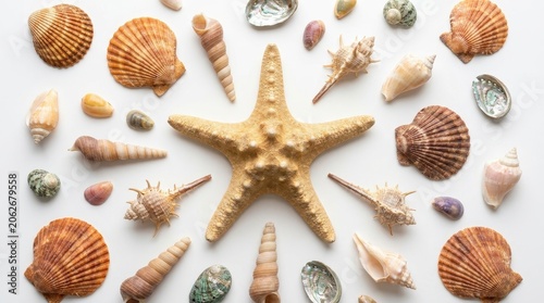 Collection of various seashells and a starfish isolated on white background