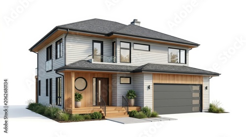 Modern twostory suburban house with wooden siding and garage isolated on white background