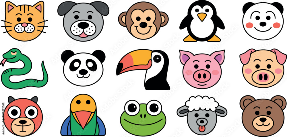 Fototapeta premium Set of colorful cute animal character faces including mammals birds and reptiles for children's design and education projects