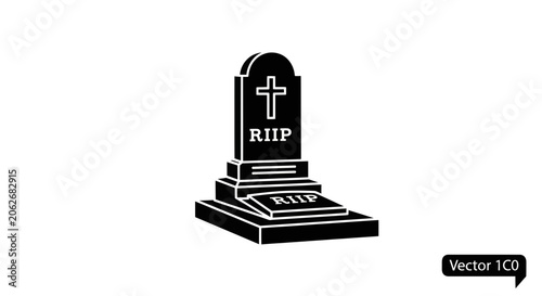 Canvas Print Headstone with christian cross and rip inscription on tiered base