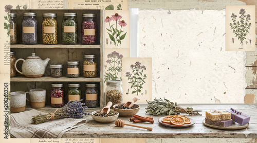 Rustic Herbal Apothecary and Cottagecore Tea Pantry with Botanical Illustrations, Dried Flowers and Generous Copy Space for Wellness Branding