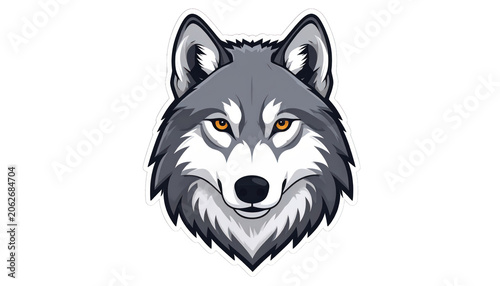 Stylized wolf head illustration with piercing orange eyes and grey fur, suitable for sports team mascots, branding, or logo design on white background