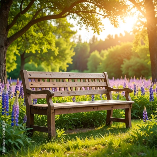Wooden park bench in a field of lupines