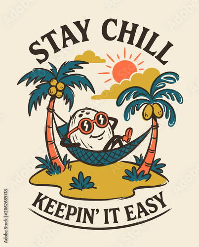 Vintage style retro cartoon illustration of a happy coconut character wearing sunglasses relaxing in a hammock between palm trees on a tropical island with a warm sun and beach vibe.