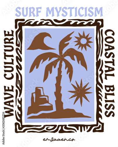 Minimalist surf art illustration featuring a palm tree, ocean wave, sun icons, and rock formations in a brown and blue color palette with decorative frame and retro typography theme.