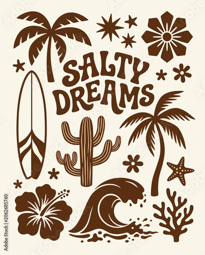 Vintage 70s style beach illustration set with Salty Dreams text, surfboard, palm trees, cactus, ocean wave, hibiscus, and starfish in a brown monochrome minimalist aesthetic on beige.