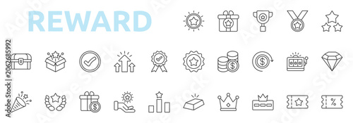 Reward and Achievement icon set outline style with success, winner, bonus, trophy, medal, award, loyalty, incentive icons