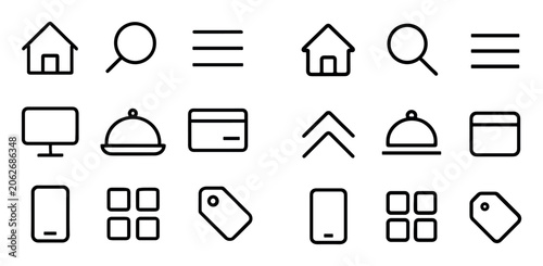 User interface and navigation vector icons with home, search and menu for mobile app design in outline style