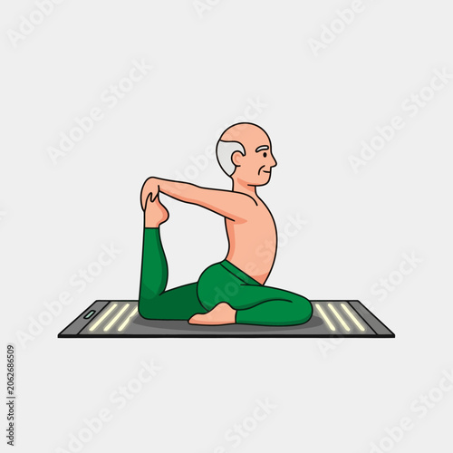 Elderly Man Performing Yoga King Pigeon Pose.