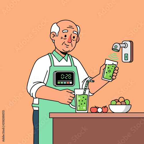 Elderly man preparing healthy green juice with digital timer on apron.
