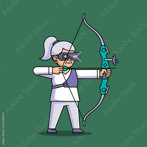 Elderly Woman Practicing Archery with Virtual Reality Goggles.