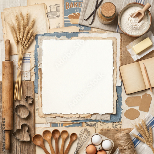 Artisan Baking Recipe Frame with Vintage Kitchen Tools, Fresh Ingredients and Rustic Copy Space for Homemade Bakery and Seasonal Food Projects
