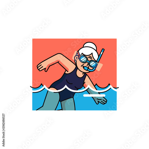 Elderly Woman Swimming with Snorkel and Goggles.