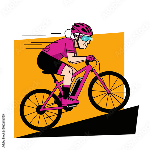 Elderly woman riding an electric bicycle uphill with determination.