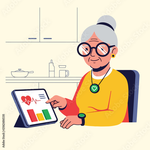 Elderly woman using a tablet for health monitoring.