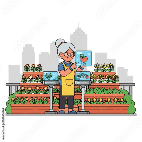 Elderly woman tending to her rooftop garden with various plants and vegetables.