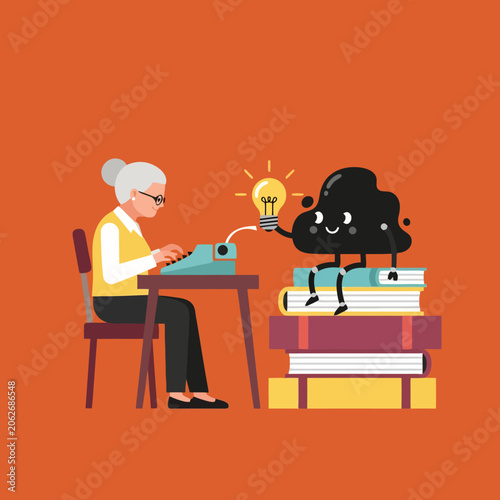 Elderly woman typing on a typewriter with a creative cloud character offering a lightbulb idea.