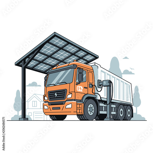 Electric Semi Truck Charging Under Solar Panel Canopy.