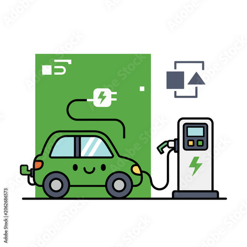 Electric car charging at a station with green energy.