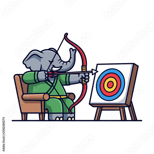 Elephant archer aiming at target from a comfortable armchair.