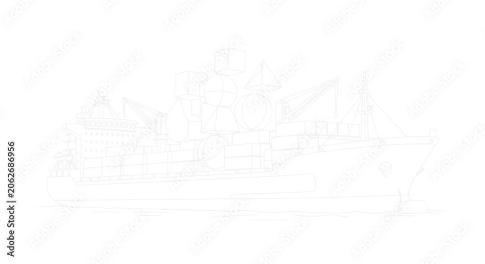 Fototapeta premium Outline Sketch of a Large Cargo Ship or Freighter on Water