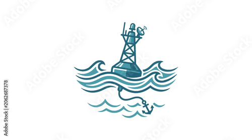 Illustration of a nautical buoy floating in the ocean waves.