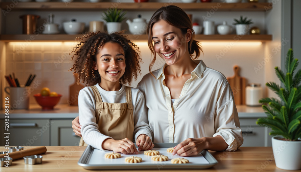 Fototapeta premium Mother and daughter baking cookies together in a cozy kitchen 