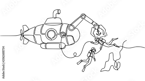 Foto Submarine Robotic Arm Grabs Treasure Chest From Divers, Minimalist Line Art