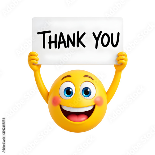 Smiling emoji holding thank you sign with a black background and cheerful