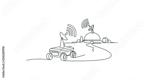 Obraz na plátně Continuous line drawing of a rover exploring a futuristic outpost with communica