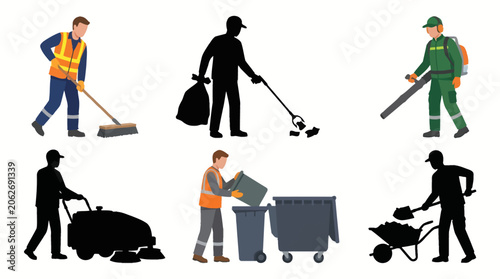 Canvastavla Street cleaner character vector illustration set with janitors sweeping road usi