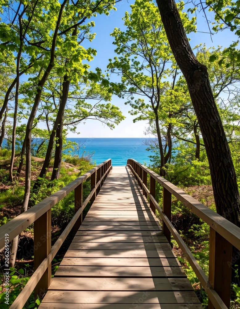Obraz premium Wooden path leading to a serene ocean view through a forest