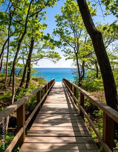 Wooden path leading to a serene ocean view through a forest
