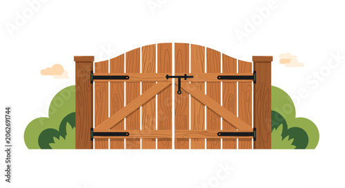 Beautiful rustic wooden garden gate with metal lock hinges and green bushes under soft clouds vector illustration.