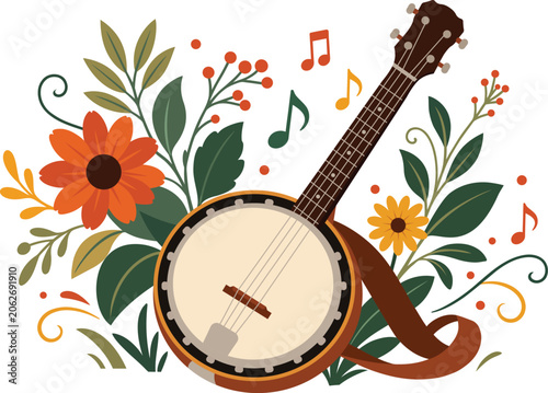 Banjo Folk Festival Vector Illustration with Acoustic Musical Notes, Folk Flowers and Rustic Decorations, Country Music Theme.