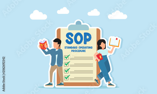 Man and woman reading books together near a document board labeled SOP illustration of learning rules to create standard operating procedures