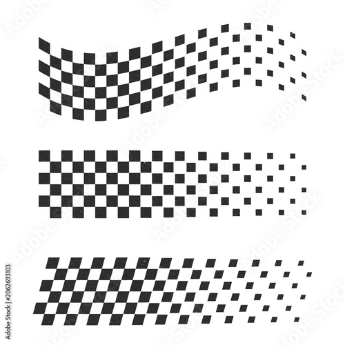 An illustration of flying black-and-white checkered racing flags, printed in an offset retro style and isolated on a transparent background. This design for motorsport themes, textiles, banners
