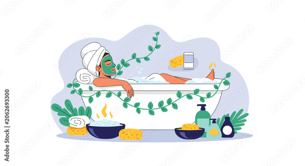 Naklejka premium Beautiful young woman relaxing in a bubble bath while wearing a green cosmetic face mask, surrounded by spa products.