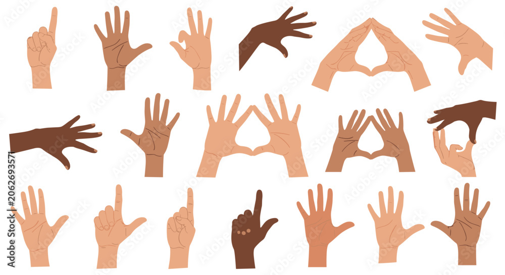Fototapeta premium Grid of diverse hand gestures showing various symbols like hearts, triangles, and palm counts in different skin tones.