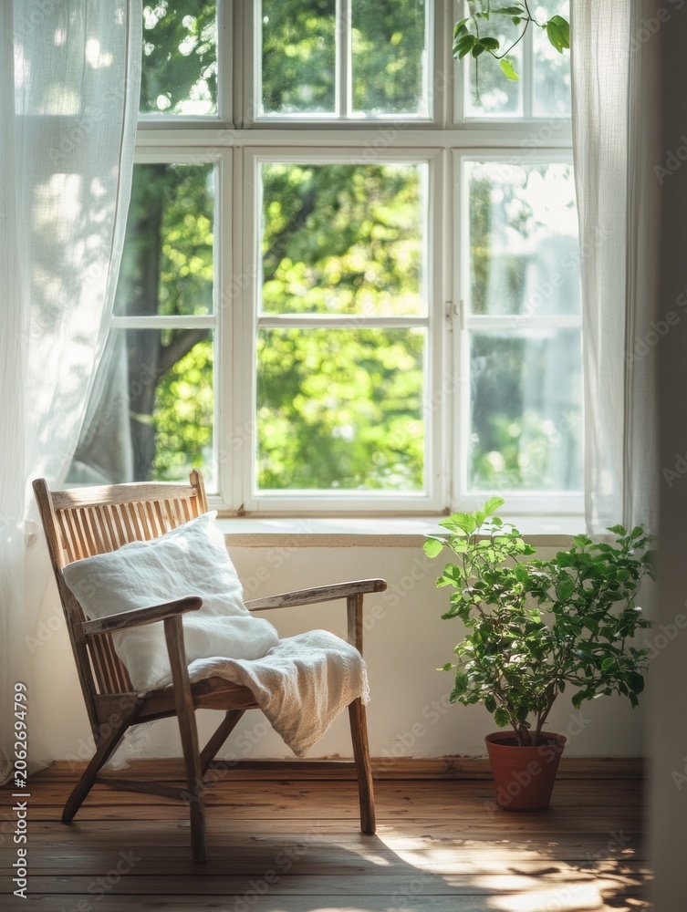 Fototapeta premium Wooden armchair with white cushions by a sunlit window overlooking green trees