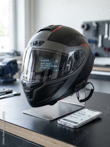 Modern smart motorcycle helmet with heads up display and smartphone connectivity on a workbench.