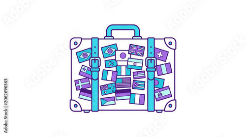 Photography Vintage Suitcase Covered in International Flags Stickers, Travel Concept