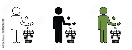 Obraz na płótnie Person throwing trash in bin icon set featuring minimalist, flat, outline, glyph, linear, clipart, and sticker styles for waste disposal and cleanliness concepts