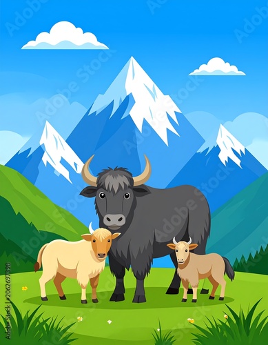 Yak family in a mountain meadow