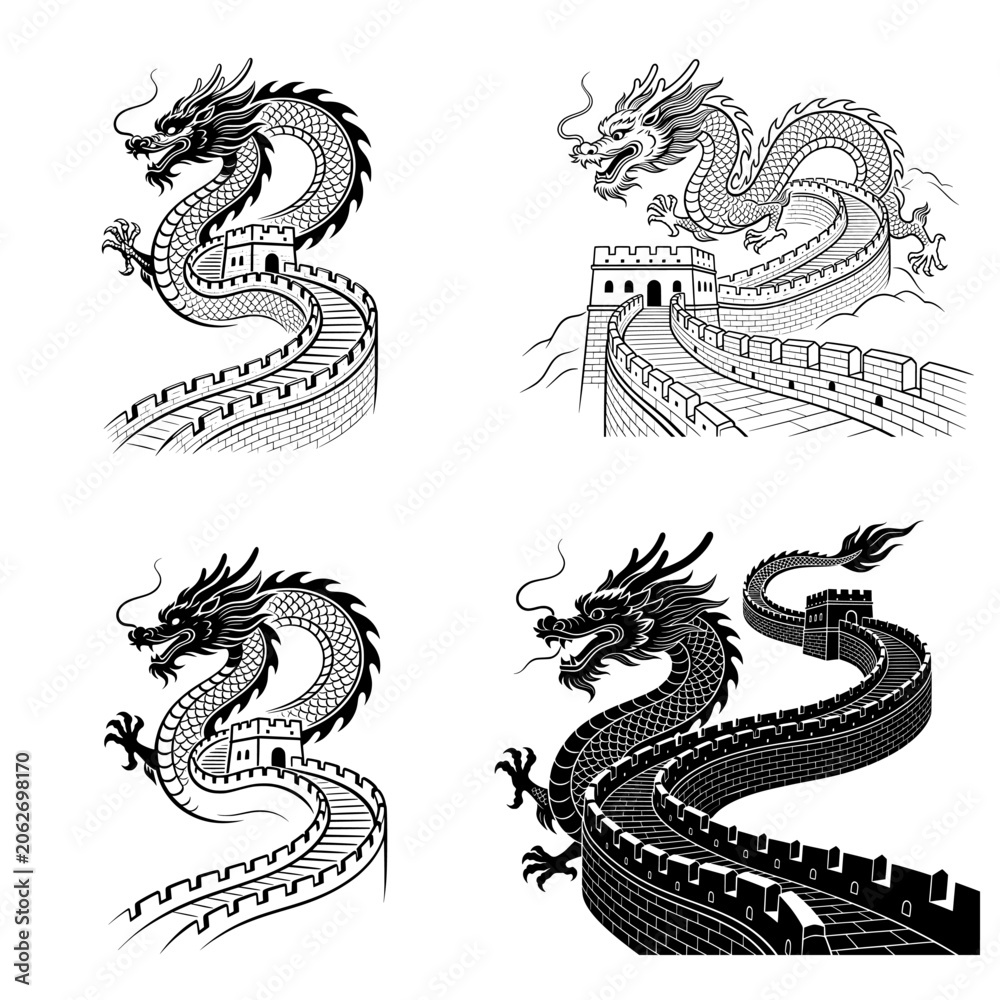 Fototapeta premium Great Wall of China icon featuring the world-famous historic fortification with watchtowers and winding architecture. Clean vector design ideal for travel, tourism, heritage, and educational projects.