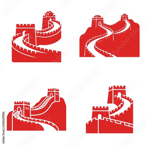 Great Wall of China icon featuring the world-famous historic fortification with watchtowers and winding architecture. Clean vector design ideal for travel, tourism, heritage, and educational projects.