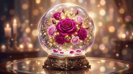 Magical Crystal Snow Globe with Pink and Red Roses Inside